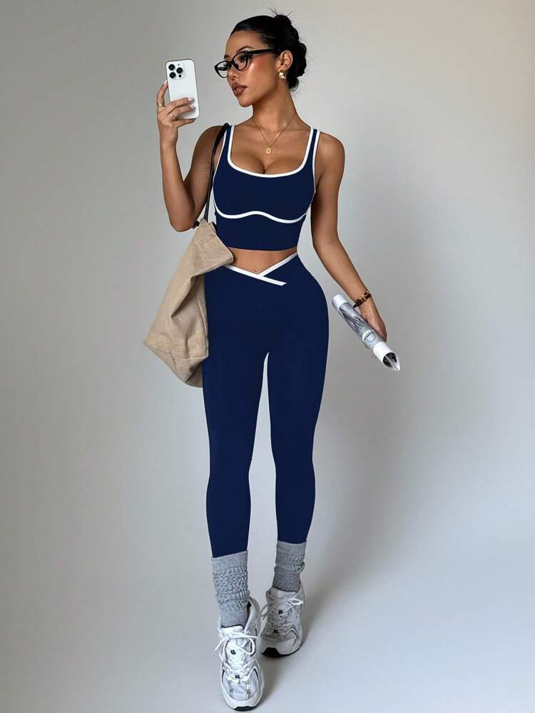 Dewbera Women's Yoga Colorblock Seamless Sports Set Navy Workout Set Athletic Two Piece Set Active Two Piece Set Gym Two Piece Set Workout Legging Two Piece Set | SHEIN