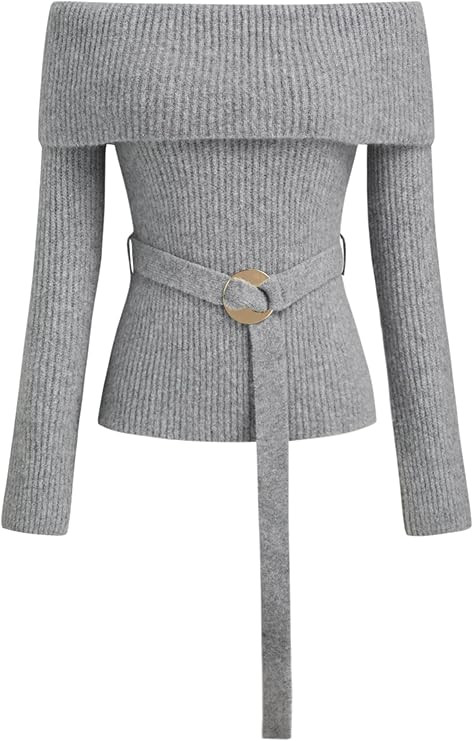 CIDER Women Off Shoulder Sweaters Long Sleeve Ribbed Knit Going Out 2025 Fall Tops with Belt | Amazon (US)