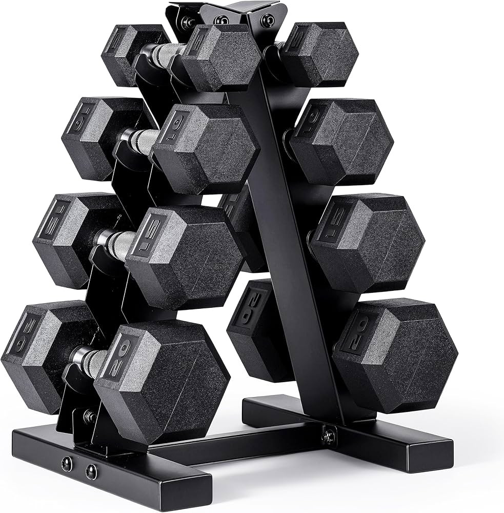CAP Rubber Coated Hex Dumbbell Set with Storage Rack | 100\u2013210 lb Options, Space-Saving Vert... | Amazon (US)