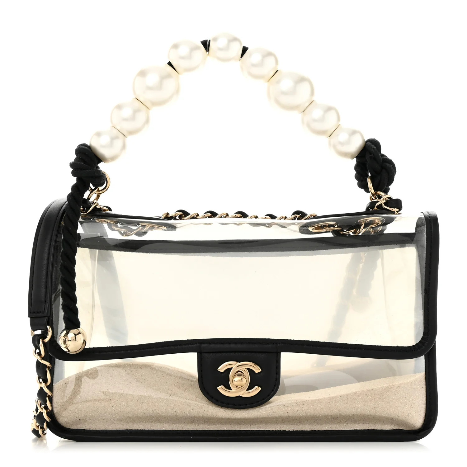 Lambskin PVC Sand By The Sea Flap With Pearl Strap Black | FASHIONPHILE (US)