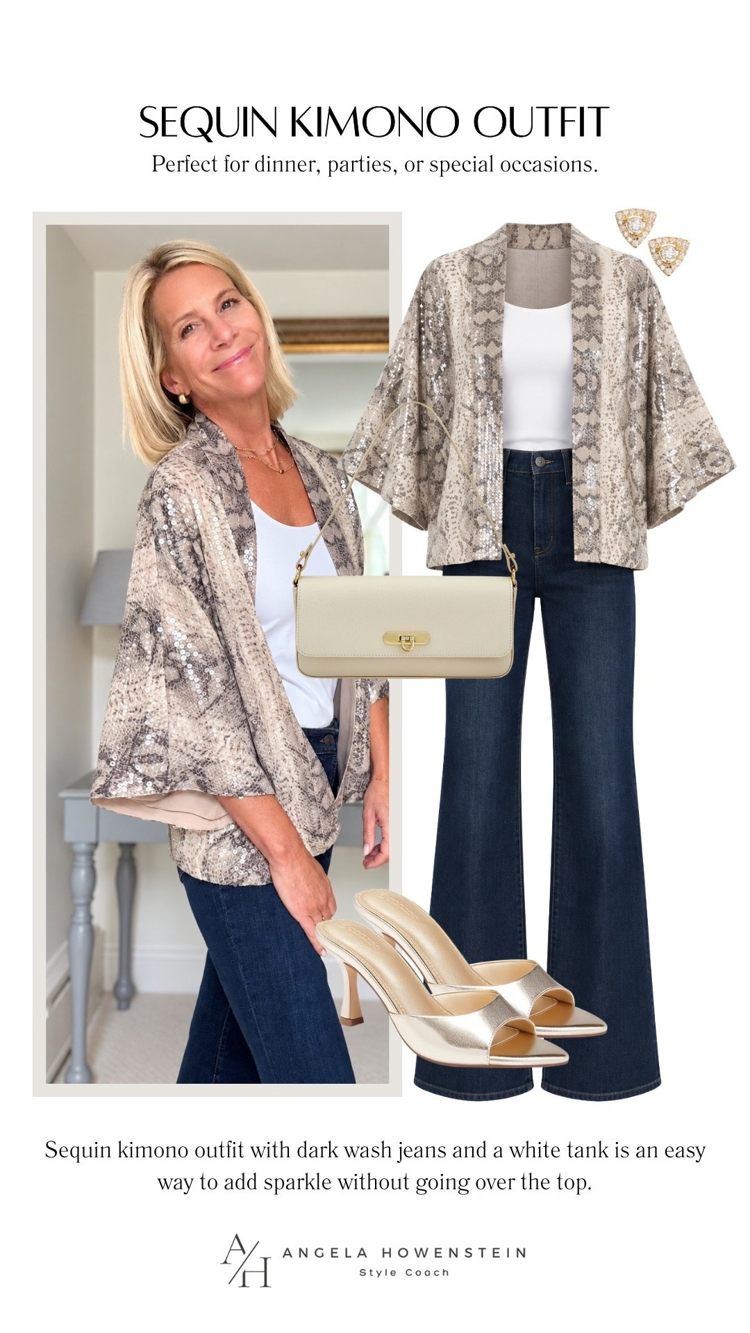 This sequin kimono is such an easy way to dress up jeans! I love it over a simple white tank with dark denim, it feels polished, sparkly, and special without being overdone.

👩‍💻 LTK PRO TIPS
❤️ Heart = Support my posts ;-)
🔖 Save = Get sale & restock alerts for the things you love!
📋 Lists = Keep favorites organized (List ideas: Christmas, Birthdays, and Vacations!)
📲 Share = Send lists and products to a friend (or your daughters like me).
💬 Comment = Ask me anything, and I’ll answer. ;-)

#LTKootd #LTKOver40 #LTKSeasonal