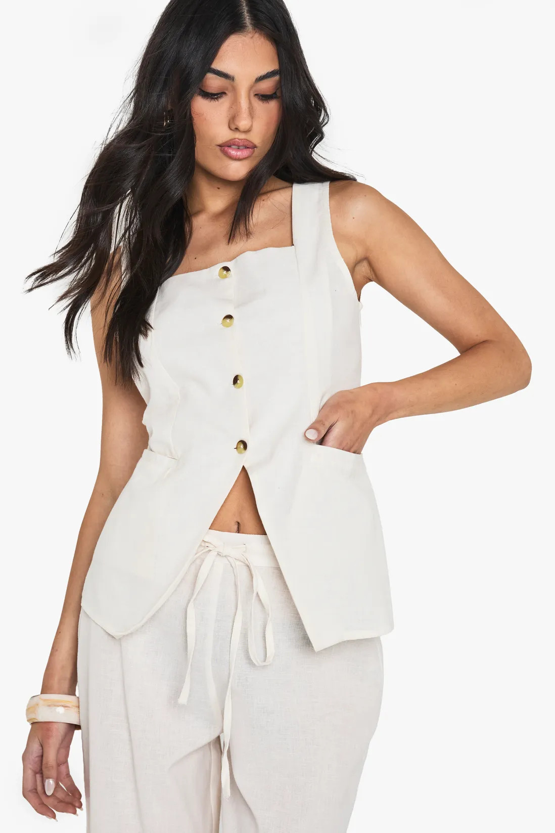 Trousers | Linen Look Square Neck Waistcoat And Tailored Wide Leg Trousers Co-Ord | boohoo | Boohoo.com (UK & IE)