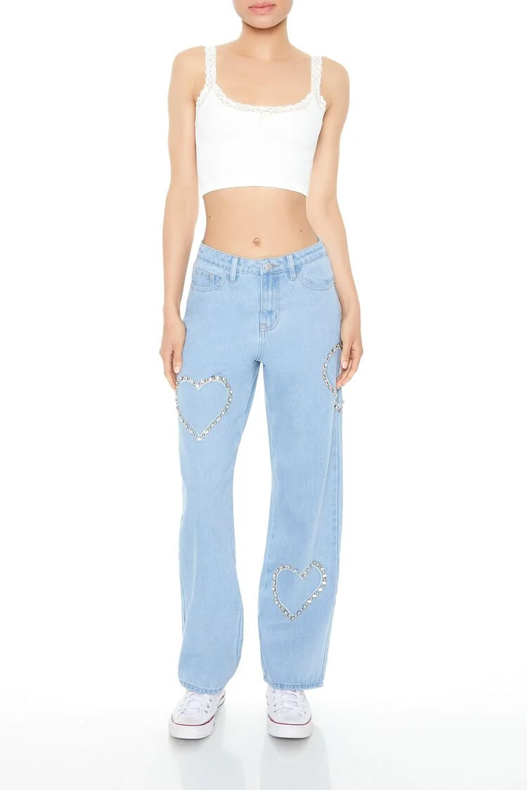 Women's Rhinestone Heart Straight Jeans in Medium Denim, 25 | Forever 21