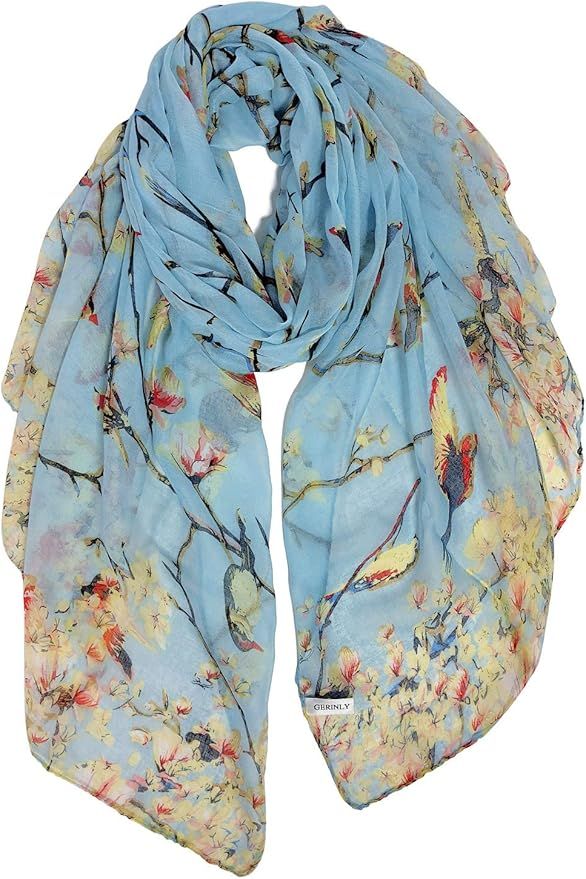 GERINLY Scarfs for Women Lightweight Floral Birds Print Cotton Scarves and Wraps for Summer Shawl | Amazon (US)