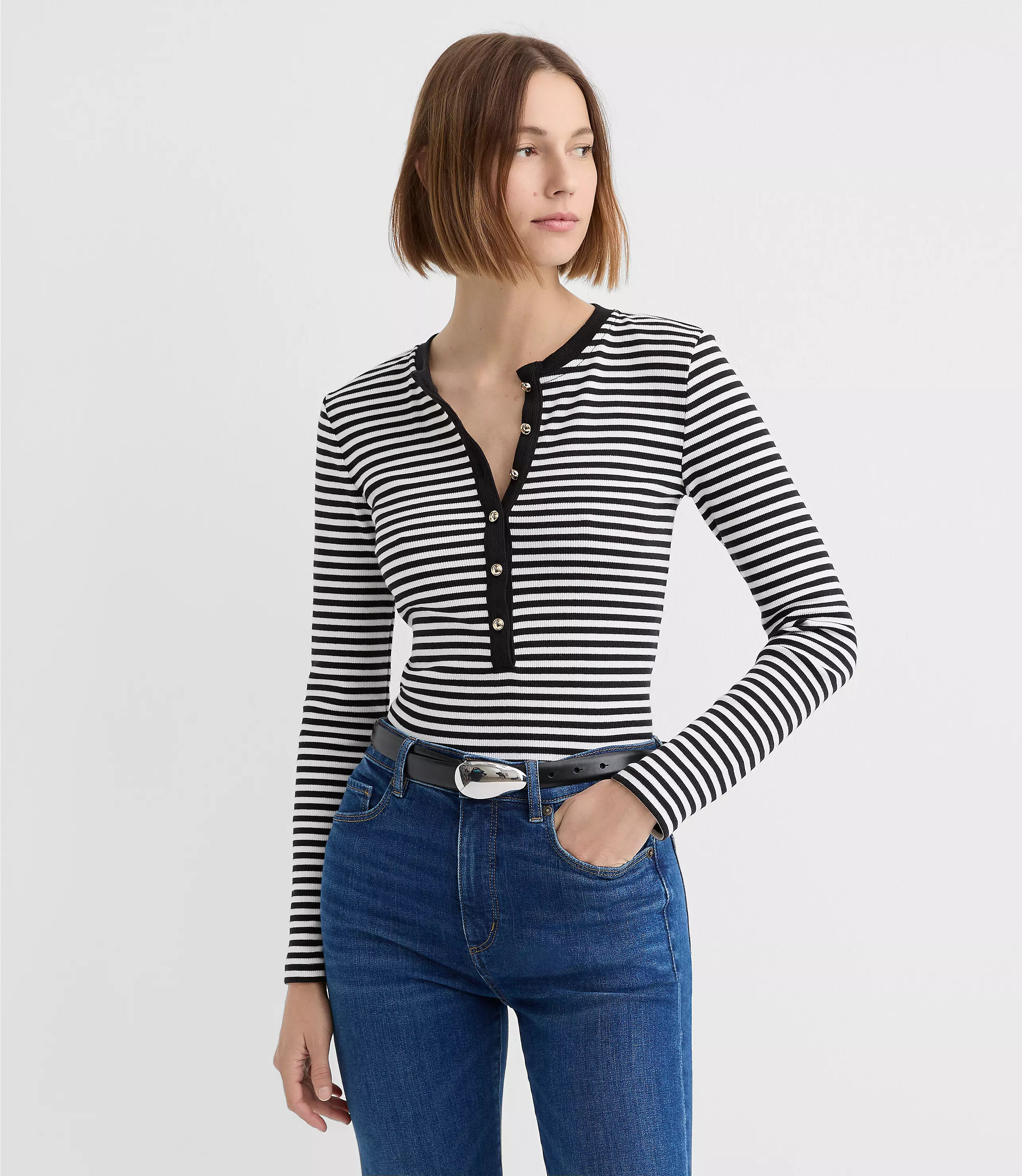 Stripe Metallic Button Henley Top | LOFT
