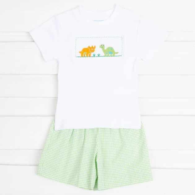 Dinosaur Smocked Short Set Green Gingham Seersucker | Classic Whimsy