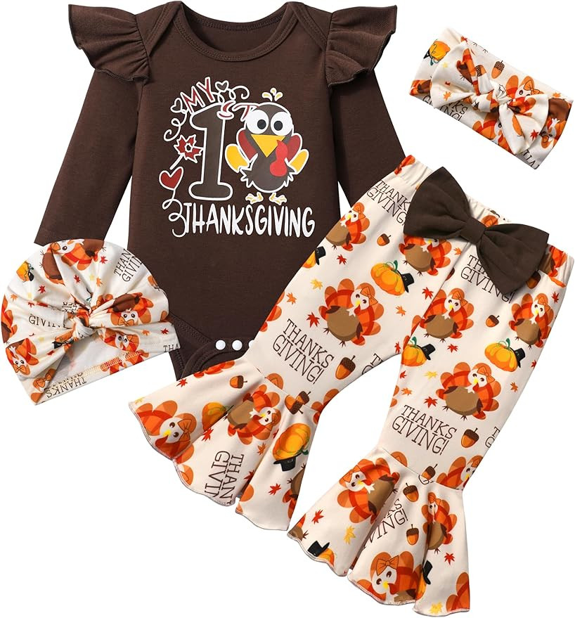 Baby Girl Thanksgiving Outfit Long Sleeve Ruffle Romper + Turkey Pants + Headband + Hat 4pcs Clot... | Amazon (US)