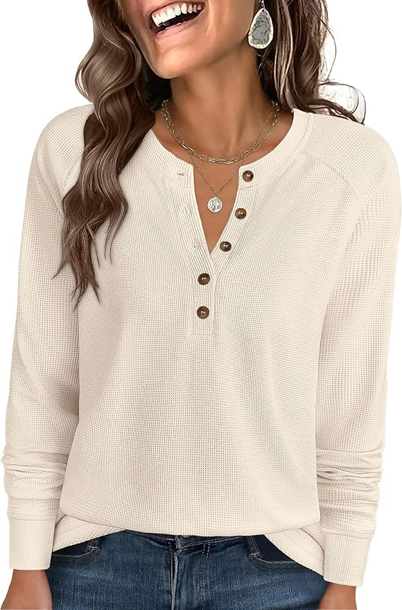 ANRABESS Women's Long Sleeve Waffle Knit Shirts Dressy Casual Loose Button Up V Neck Henley Tops ... | Amazon (US)