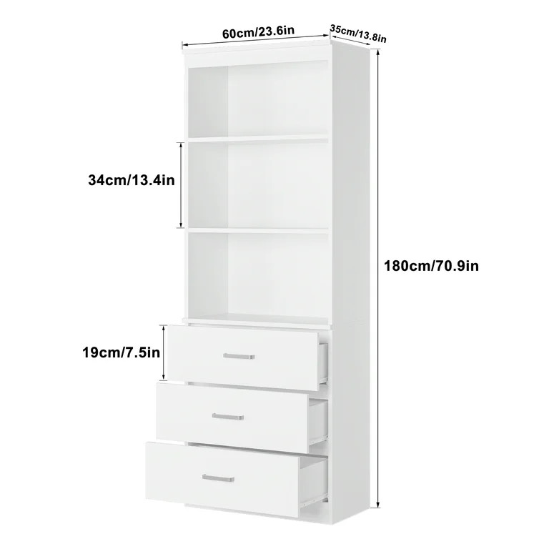 Homfa 71" Tall Bookcases with 3 Large Drawers, 3 Tier Wooden Storage Bookshelf for Living Room Ho... | Walmart (US)