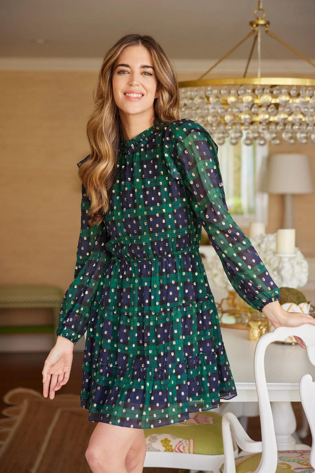 Blackwatch Lurex Clip Dot Long Sleeve Ruffle Neck Dress | Sail to Sable