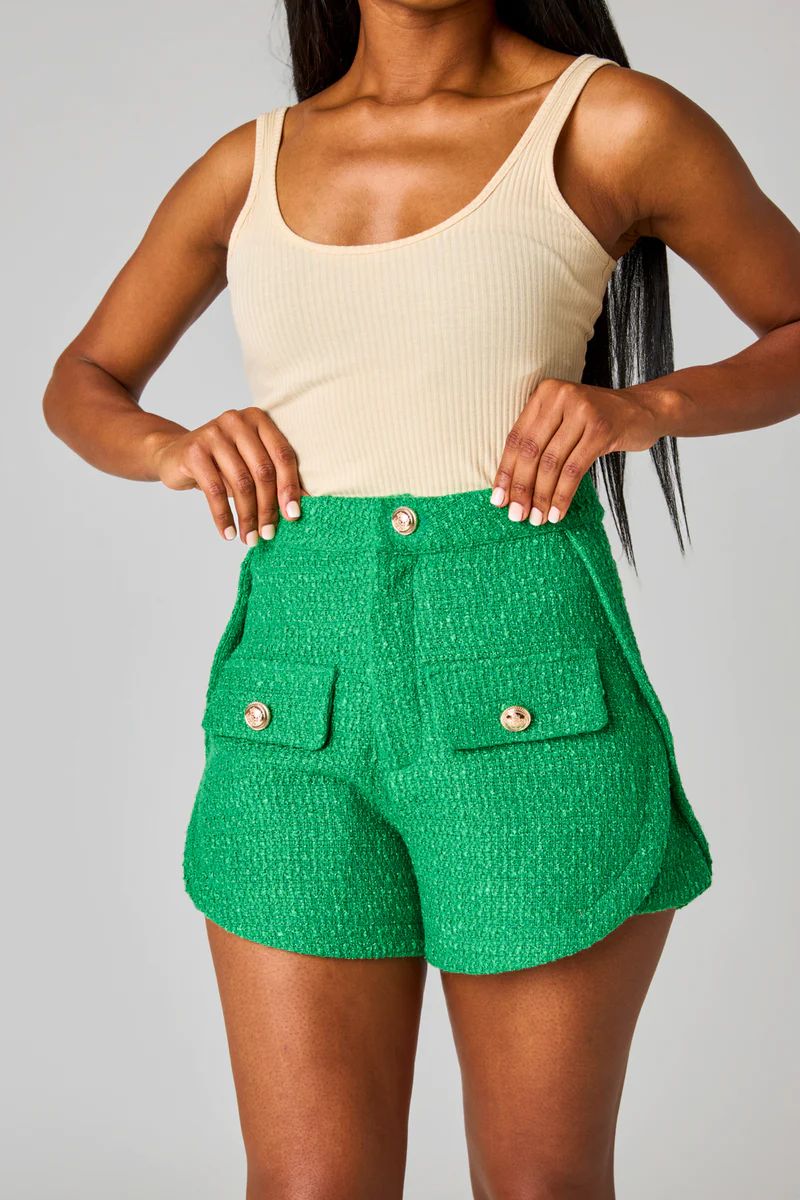 BuddyLove | Mae Tweed High-Waisted Shorts | Green | BuddyLove