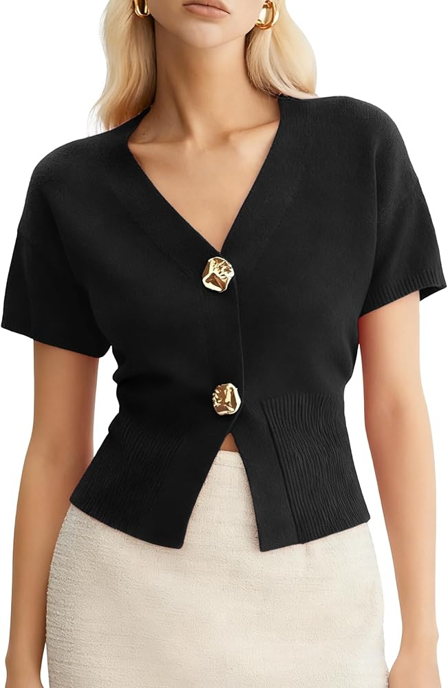 Cardigan Sweaters for Women V Neck Short Sleeve Gold Snap Button Knitted Sweater Trendy Tops | Amazon (US)