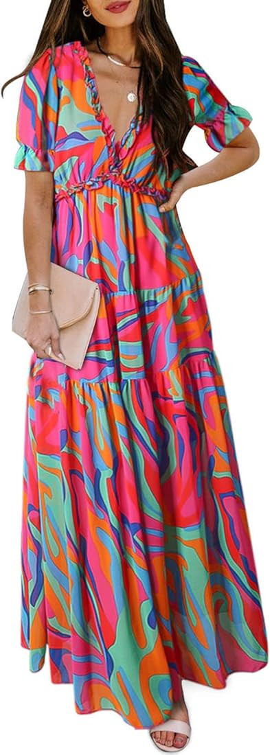 BLENCOT Women's Casual Boho Floral Printed Deep V Neck Dress | Amazon (US)