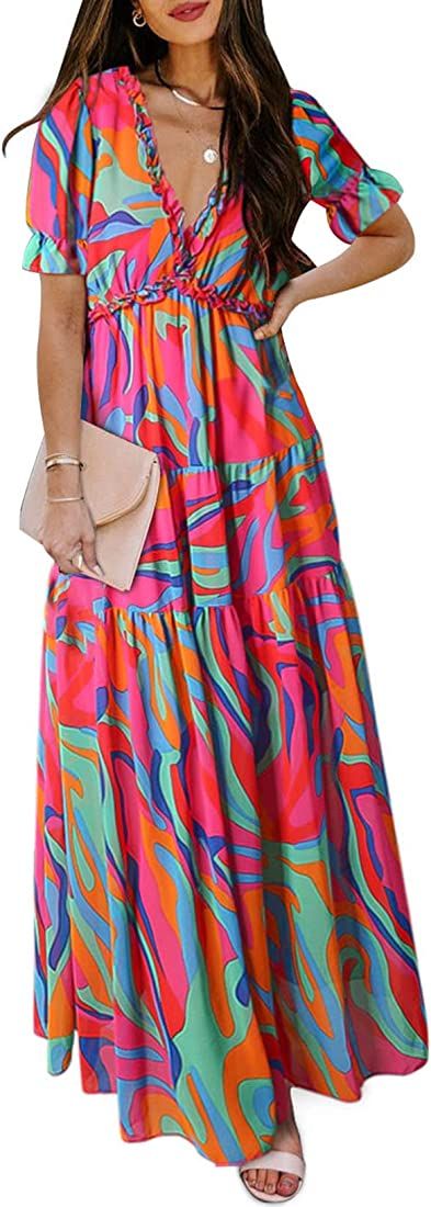 BLENCOT Womens Casual Short Sleeve Boho Floral Printed V Neck Long Dress Ruched Cocktail Party Maxi Wedding Dresses | Amazon (US)