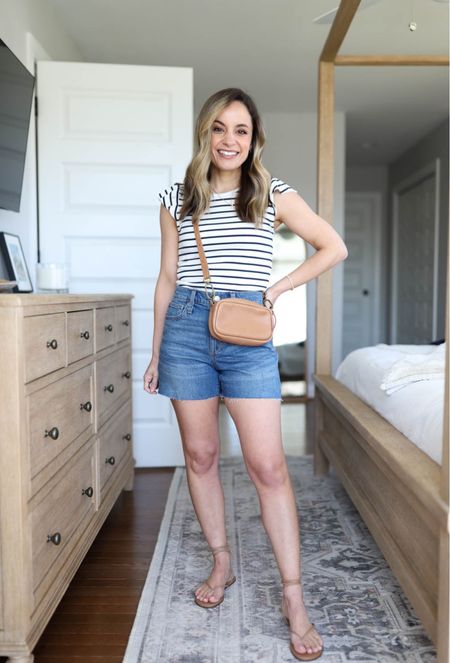 J.Crew Factory striped top: xxs 
J.crew denim shorts: 00/24 
Madewell carabiner bag 
Sandals: size up if in between sizes 

#LTKSeasonal #LTKstyletip