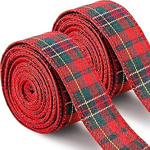 2 Rolls 20 Yards Christmas Plaid Burlap Ribbon Wired Edge Gingham Wrapping Ribbon Red and Green P... | Amazon (US)