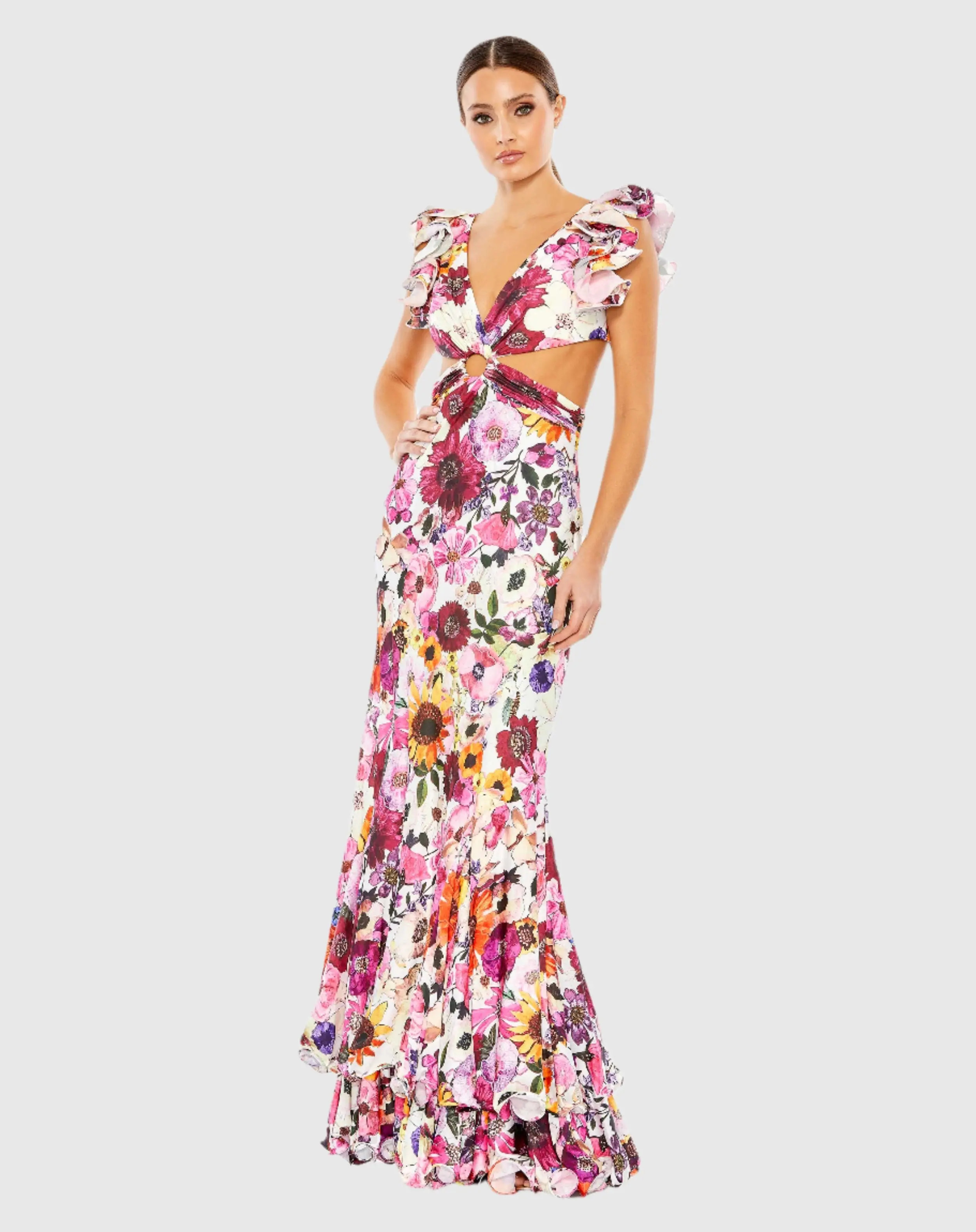 Floral Print Ruffle Shoulder Cut Out Gown - Mac Duggal | Mac Duggal