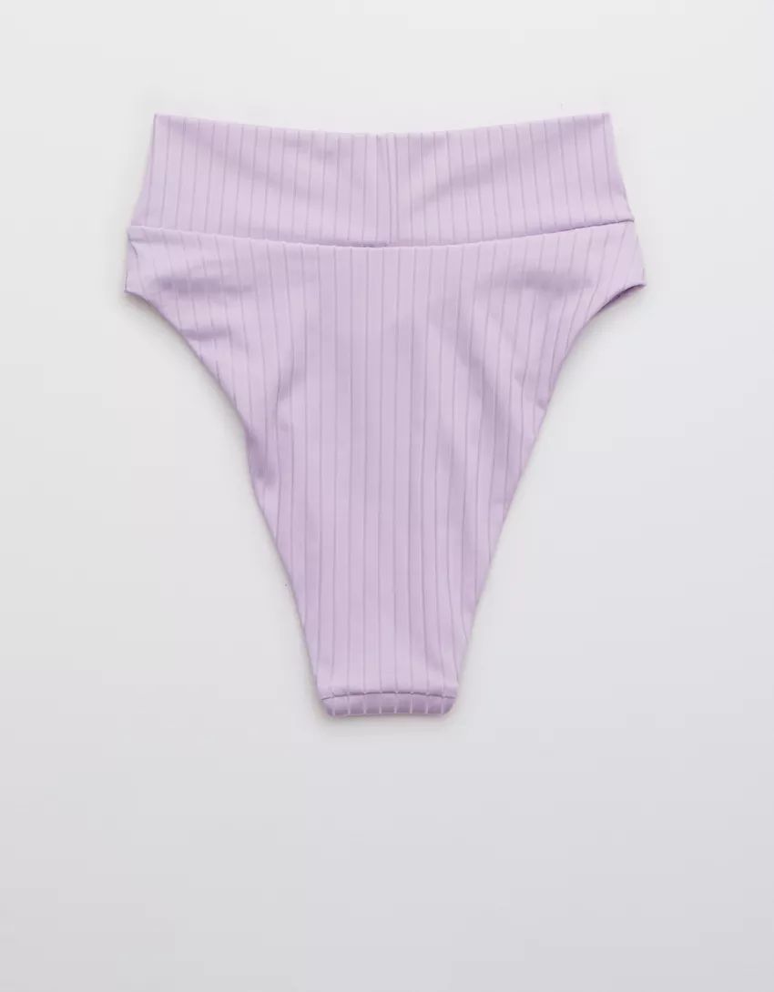 Aerie Ribbed Shine Crossover High Cut Cheeky Bikini Bottom | American Eagle Outfitters (US & CA)