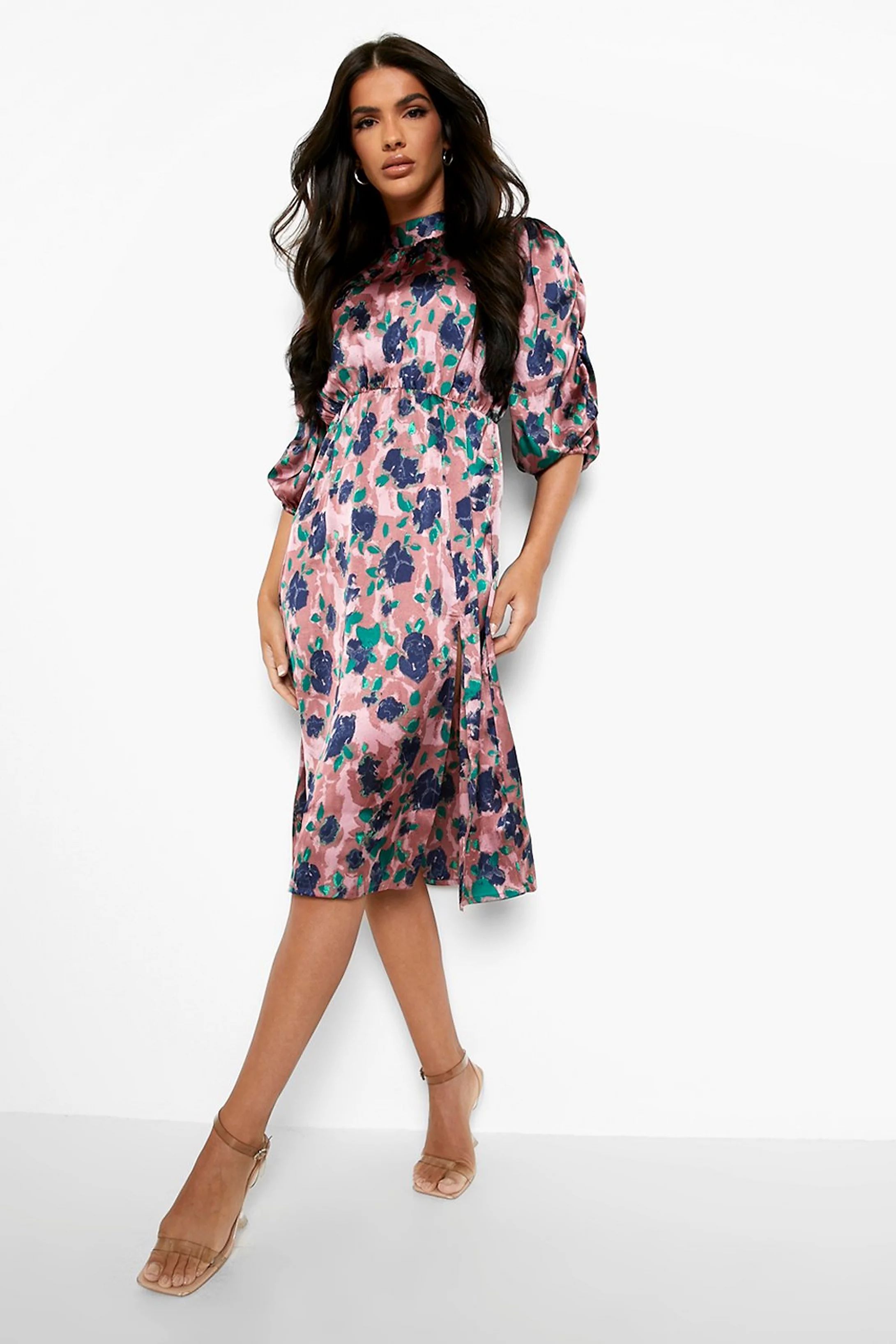 Satin Floral Print Rouched Sleeve Midi Dress | Boohoo.com (US & CA)