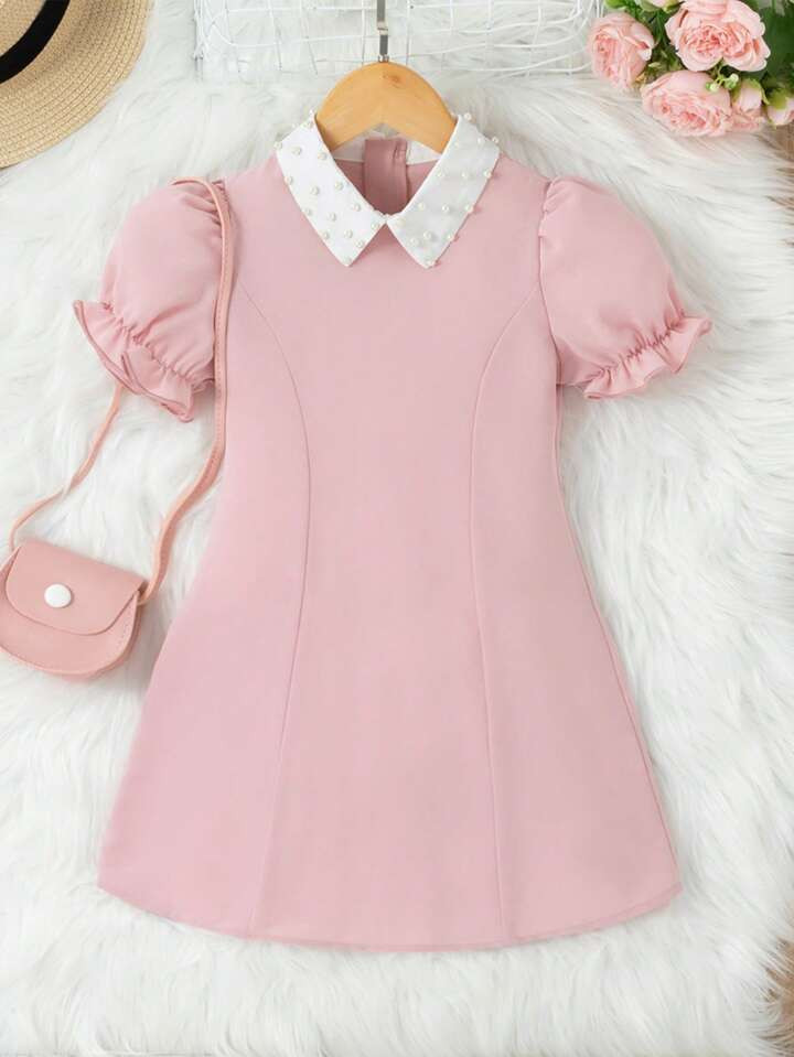 Young Girl White Pearl Puff Sleeve Dress | SHEIN