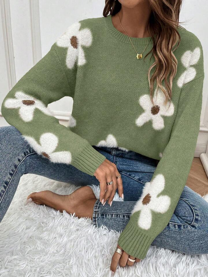 EMERY ROSE Floral Pattern Drop Shoulder Sweater,Long Sleeve Tops | SHEIN