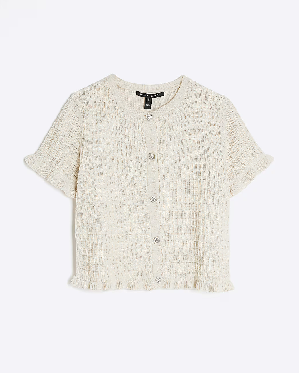 Cream Knitted Frill Short Sleeve Cardigan | River Island UK & IE