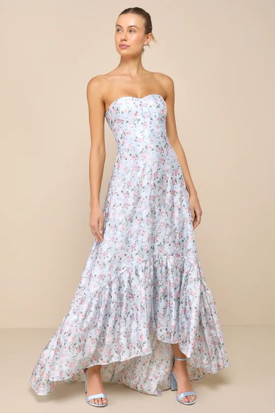 Gorgeous Desire Light Blue Floral Strapless High-Low Maxi Dress | Lulus