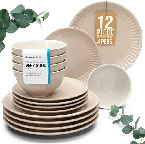 Amazon.com | Stoneware Dinnerware Set for 4 People HYGGE 12-Piece - Elegant Scandi Design - Premi... | Amazon (US)