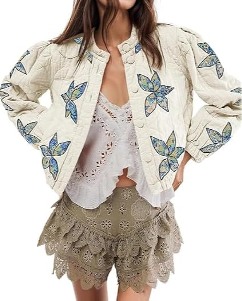 Winter Quilted Lightweight Jacket Cropped Floral Embroidered Coats Button Down Puffer Warm Outwea... | Amazon (US)