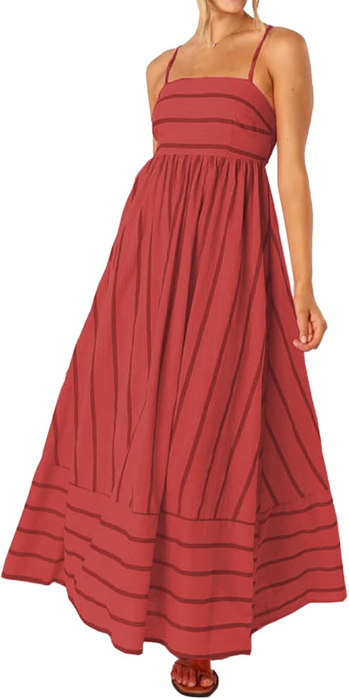 ABYOVRT Women Striped Maxi Dress Sleeveless Backless Cutout Smocked Sundress Spaghetti Straps Boh... | Amazon (US)