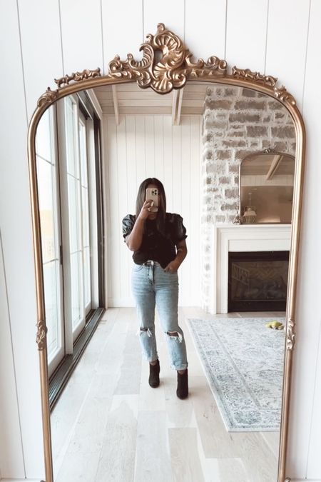 Moms night out!  Faux leather puff sleeve top - distressed mom jeans - petite style - mom style - black boots - mirror 

#LTKunder50 #LTKsalealert #LTKworkwear