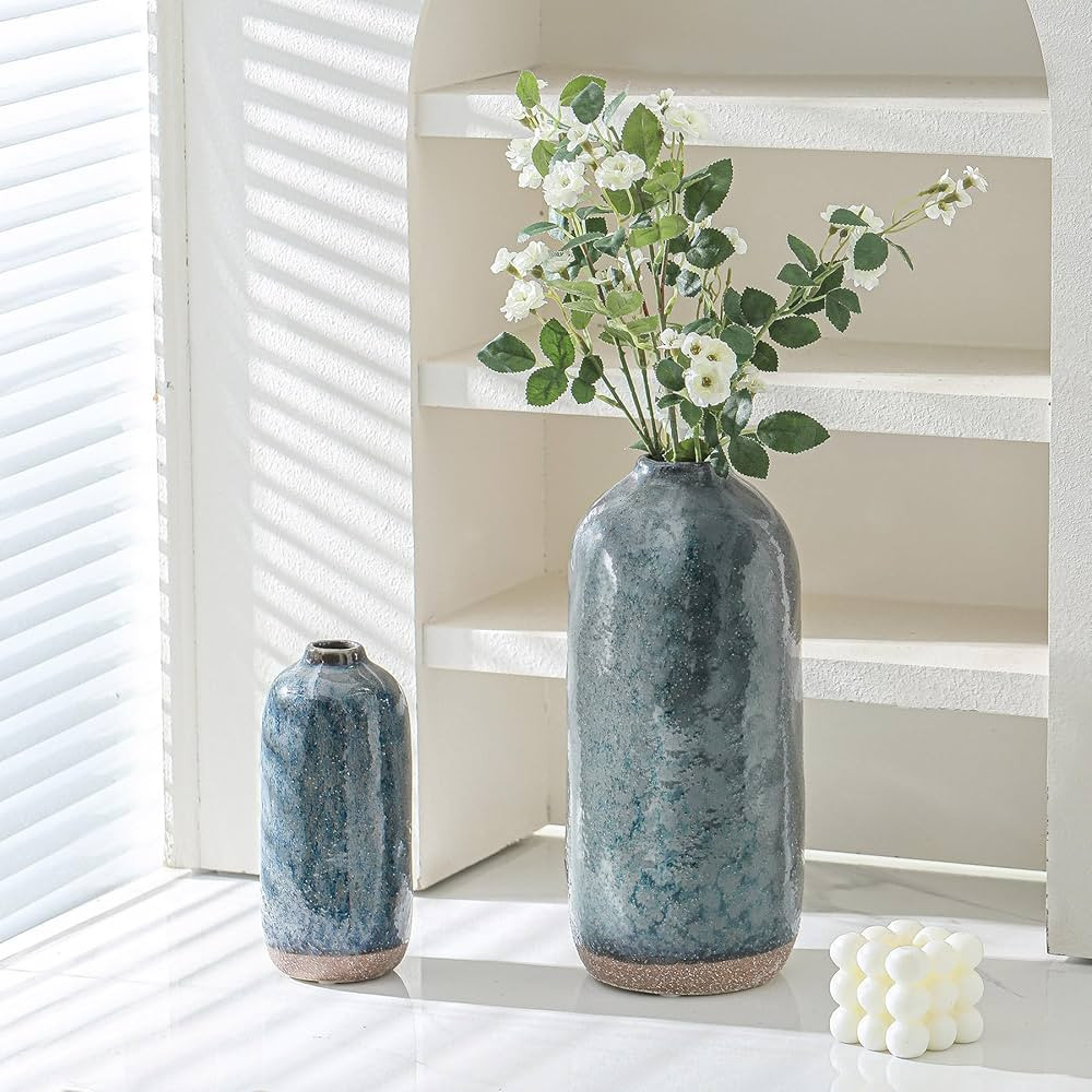 Flower Vase,Grey Blue Ceramic Vases Set of 2,Flower Vase for Home Decor,Decorative Vase for Pampa... | Amazon (US)