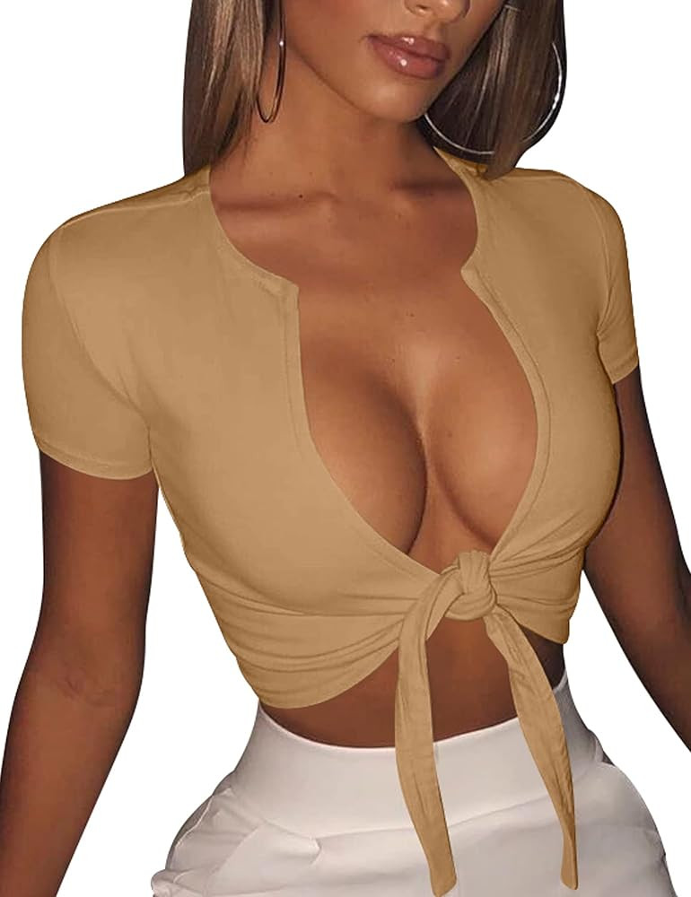BORIFLORS Women's Sexy Tie Up Crop Top Short Sleeve Deep V Neck Casual Basic T Shirt | Amazon (US)