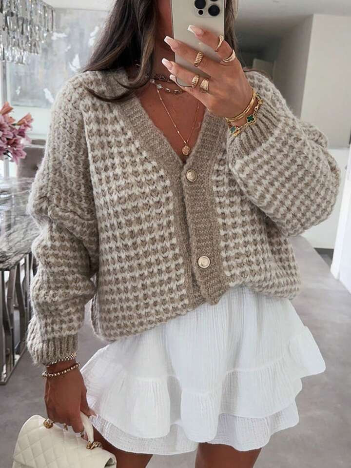 INAWLY Women's Plaid Print Front Button V-Neck Long Sleeve Cardigan | SHEIN