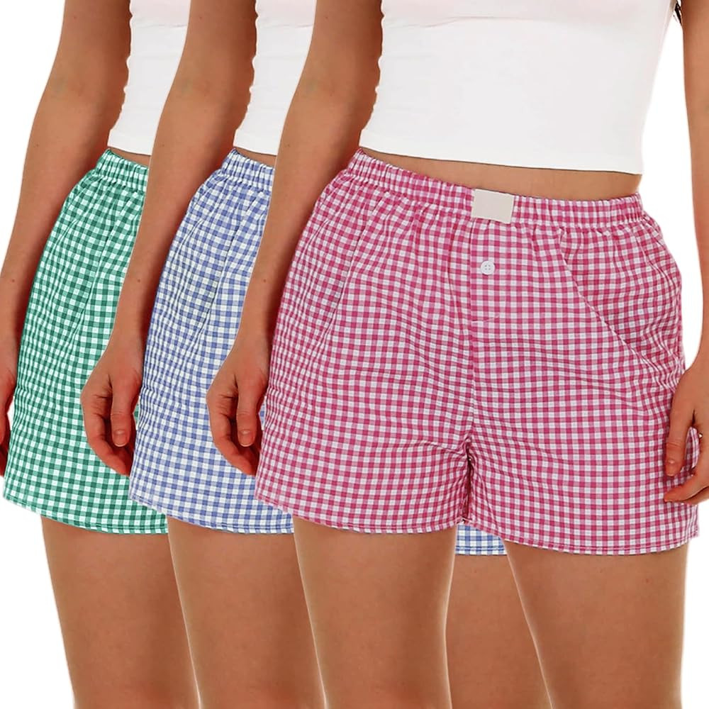 3 Pack Women's Boxer Shorts, Casual Summer Pajama Gingham Shorts Sleep Plaid Pants Lounge Y2k Bea... | Amazon (US)