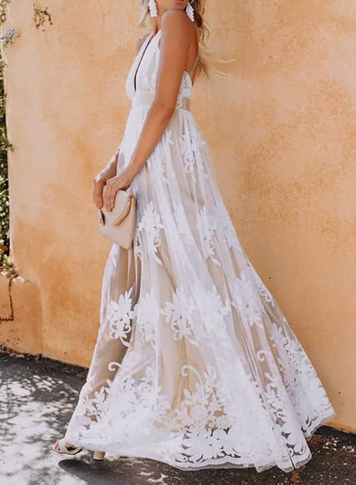 Dokotoo Womens 2023 Formal Dresses Plunging V-Neck Embroidered Floral Lace Mesh Velvet Maxi Dress | Amazon (US)