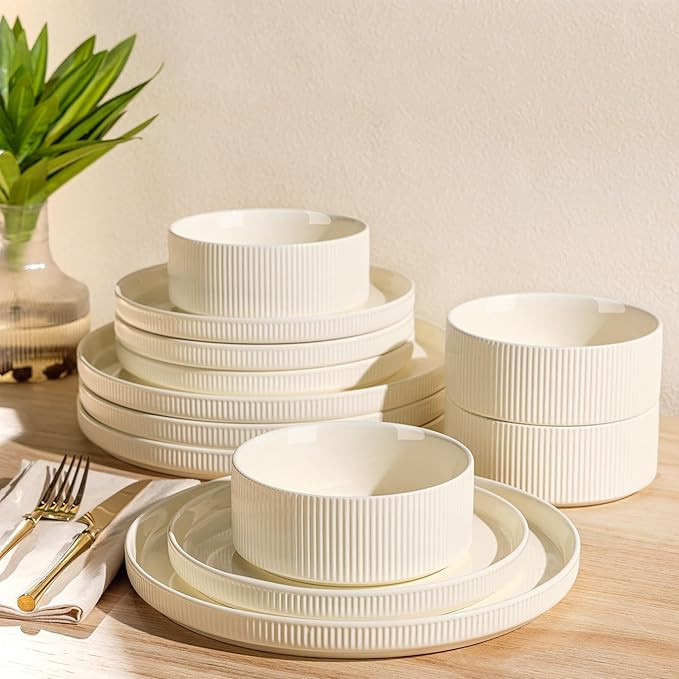 TheTerra Ceramic Dinnerware Sets for 4, 12 Pieces Porcelain Lightweight Plates and Bowls Sets, Sc... | Amazon (US)