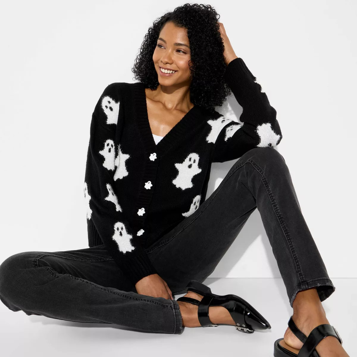 Women's Ghost Graphic Cardigan - Black | Target