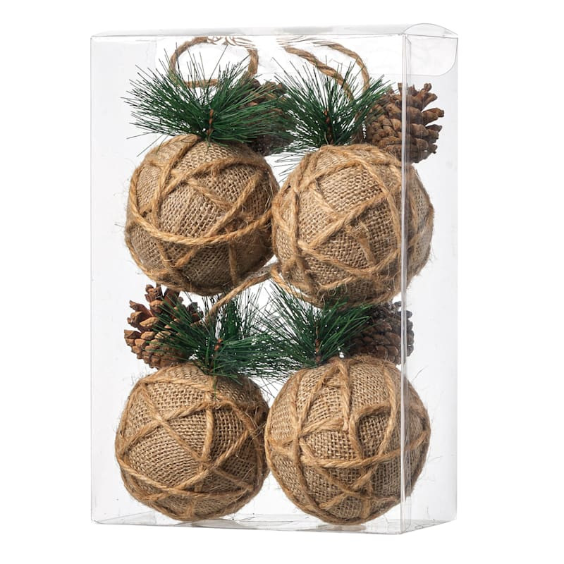 5-Count Green Burlap with Pinecone Shatterproof Ornaments | At Home