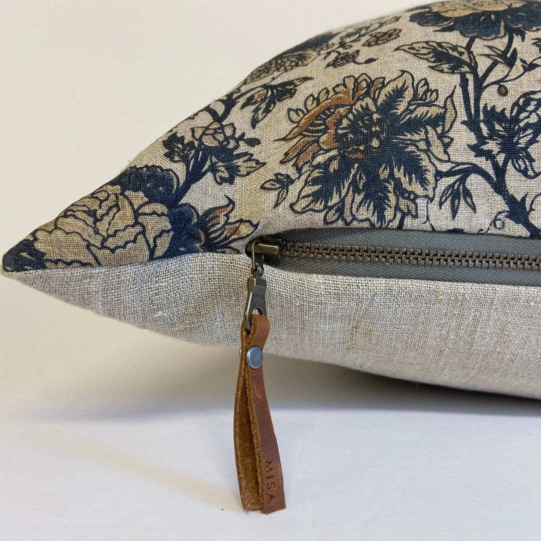Blue Floral Linen Pillow Cover Exposed Zipper-leather Pull 14x24 20 24 High Quality - Etsy | Etsy (US)
