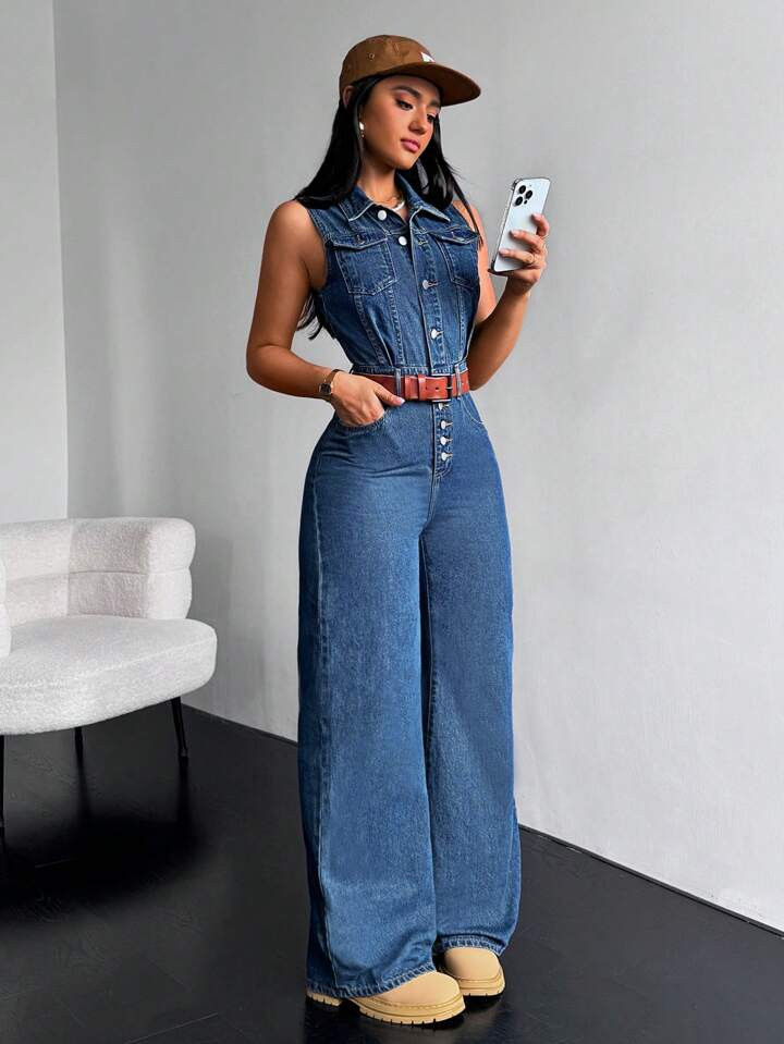 SHEIN EZwear Women's Summer Workwear Casual Sleeveless Denim Jumpsuit With Single Breasted Closur... | SHEIN