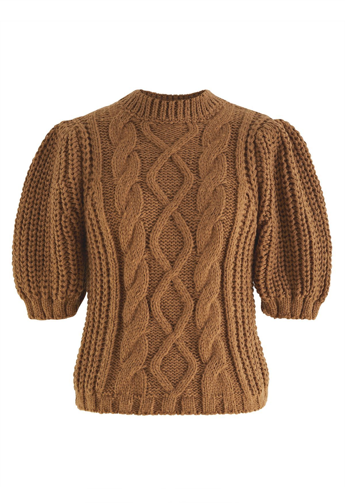 Bubble Sleeve Braided Ribbed Sweater in Tan | Chicwish