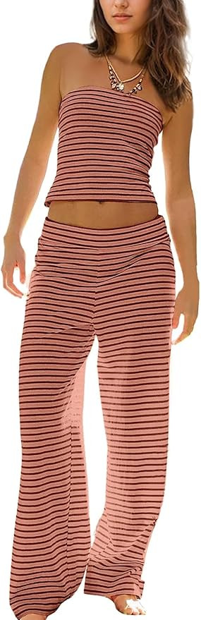 SAFRISIOR Summer 2 Piece Sets Strapless Crop Tube Top Striped Wide Leg Lounge Pants Matching Beac... | Amazon (US)
