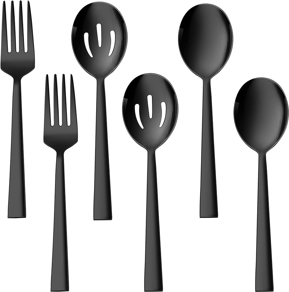 Black Serving Utensils Set of 6, E-far Stainless Steel 8.7 Inch Hostess Serving Set with Square E... | Amazon (US)