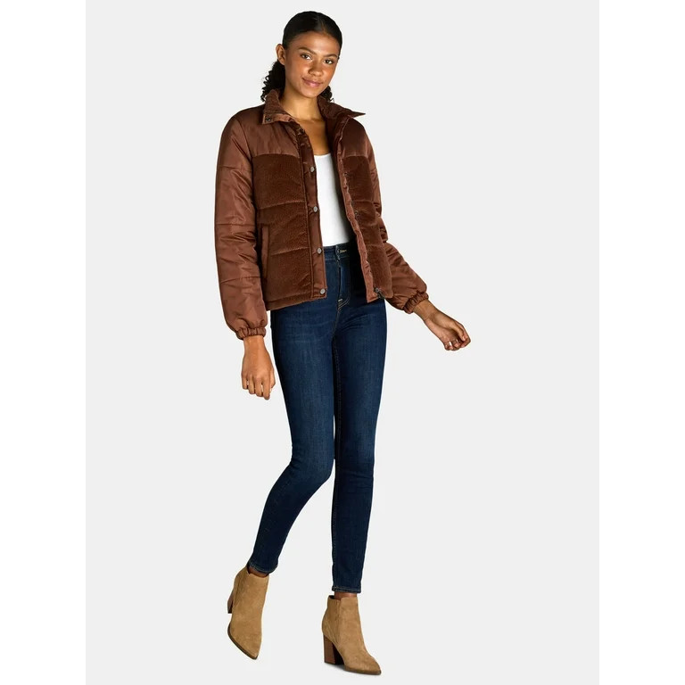 Time and Tru Women's and Women’s Plus Mixed Media Puffer Jacket, Sizes XS-3X | Walmart (US)