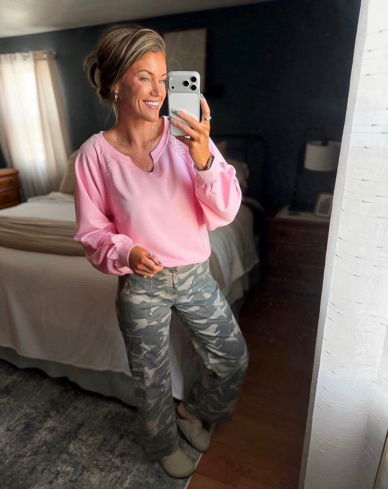 Camo pants RESTOCKED, and now available in length options. Wearing medium full. 
Sweatshirt medium, would prefer small  

#LTKmomlife