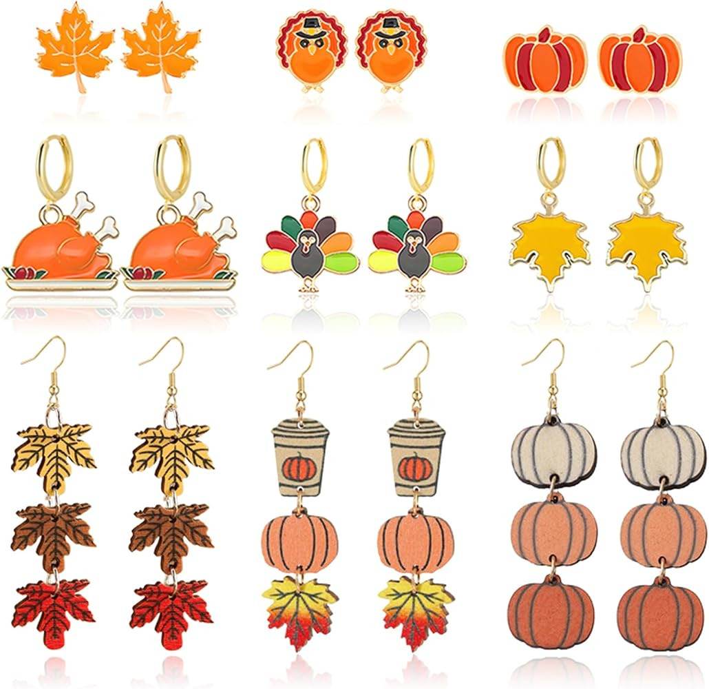 9 Pairs Thanksgiving Earrings Set for Women Wooden Teardrop Pumpkin Maple Leaf Turkey Corn Drop D... | Amazon (US)