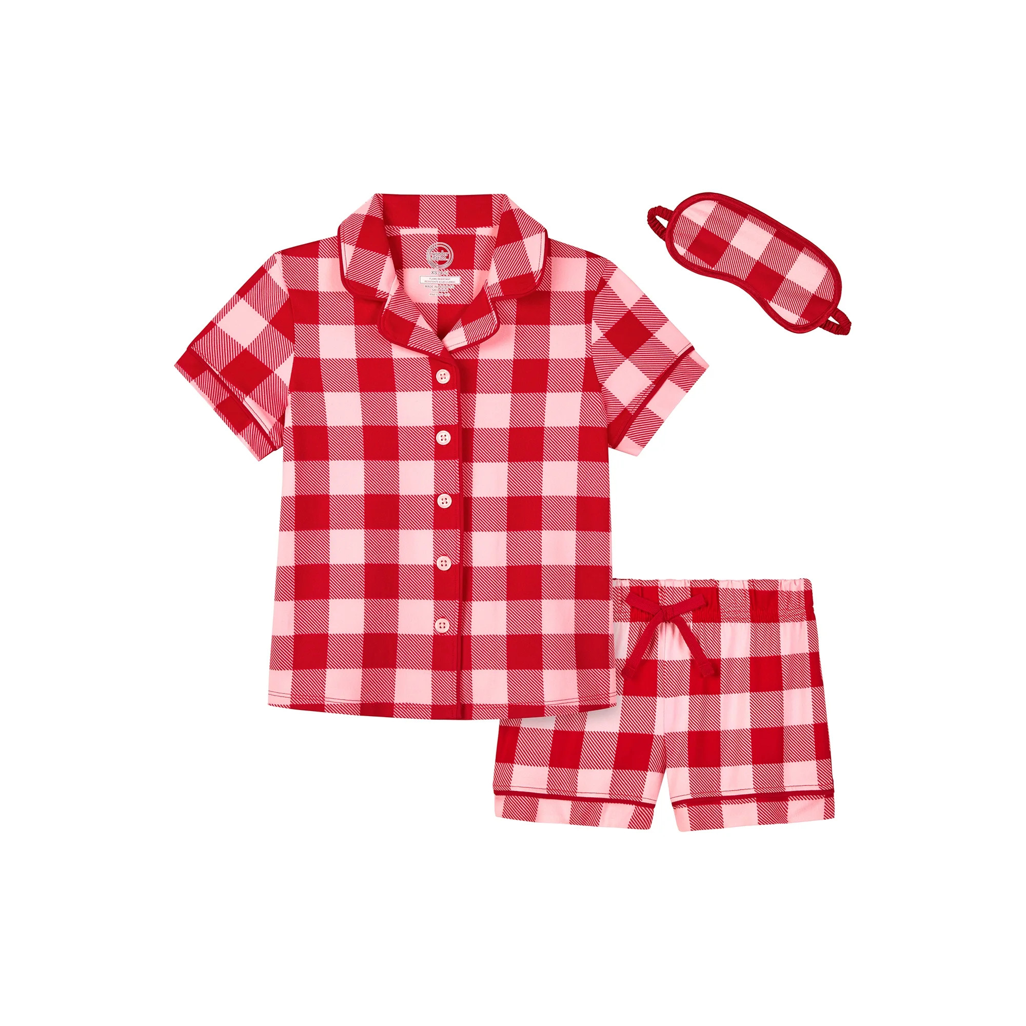 Wonder Nation Girls Short Sleeve Button Front Pajama Top and Shorts Set with Eyemask, 3-Piece, Si... | Walmart (US)