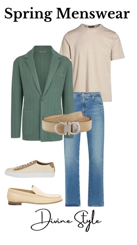 Relaxed spring outfit combination with a green spring knit sport coat, light blue jeans and a t-shirt styled with a suede neutral belt and sneakers or light tan loafers.

#LTKmens #LTKSeasonal
