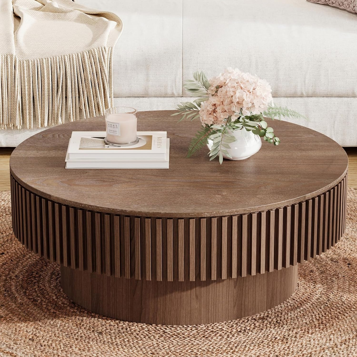 31.5" Round Coffee Table with Storage, Pottery Barn Coffee Table with Mushroom Shape Fluted Desig... | Amazon (US)